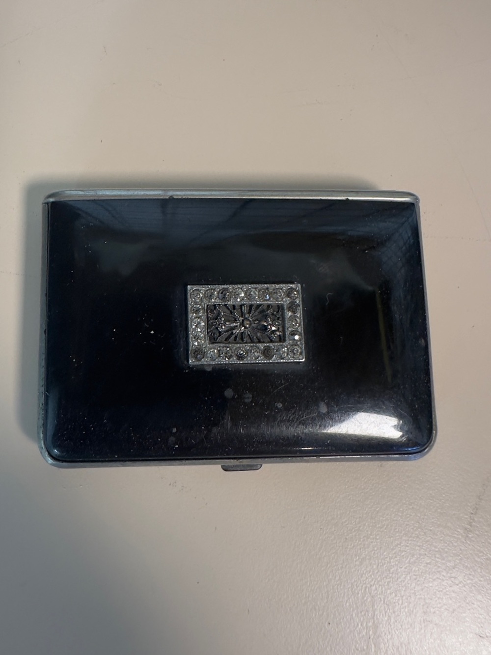 VTG 1920s Art Deco Mondaine Black Enamel Rhinestone Double Compact Case Puffs